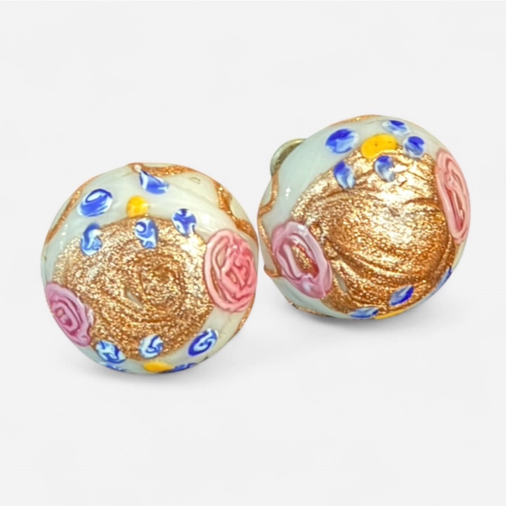 Vintage Floral Clip-On Earrings, Hand-Painted Roses Gold Swirl Cottagecore Charm